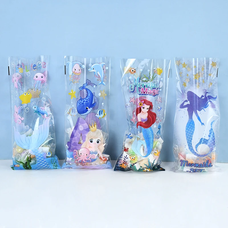 50Pcs Mermaid Plastic Candy Bag Animal Snack Biscuit Gift Package Bags Happy Birthday Decoration Baby Shower Favor Supplies