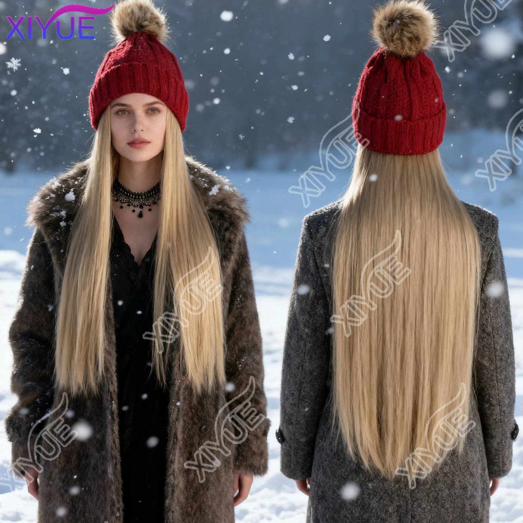 XIYUE Hat Wig Synthetic Hat Hair Extensions Wigs For Women Long Straight Hair Warm Plush Knitted Autumn Winter Cap