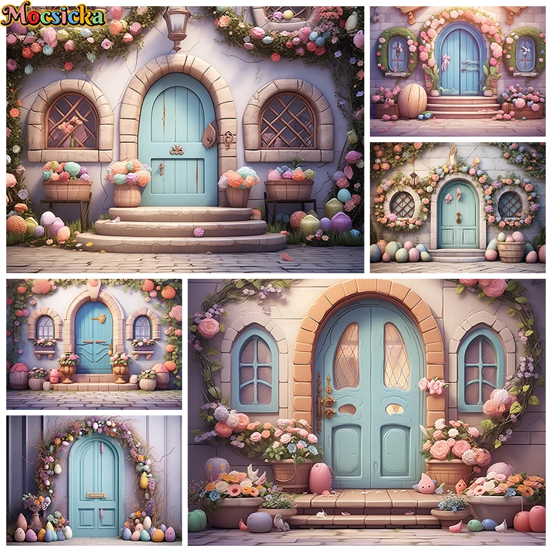 Spring Easter Backdrop For Photography Flower House Door Egg Rabbit Children Birthday Baby Shower Background Decor Photo Studio