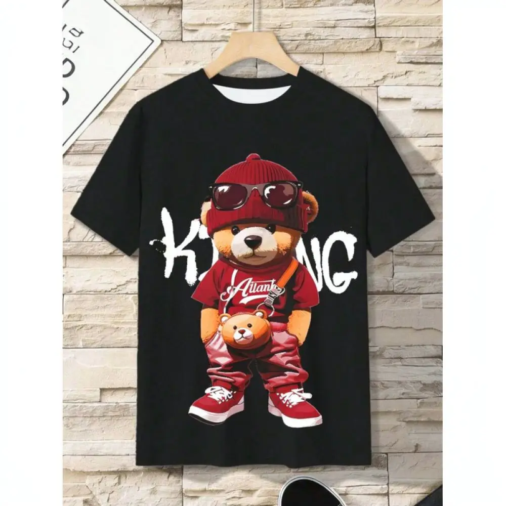 Comfortable Mens Cotton T Shirt Punk Bear 3D Print Short Sleeve Summer Casual Tops Streetwear Fashion Breathable Tee