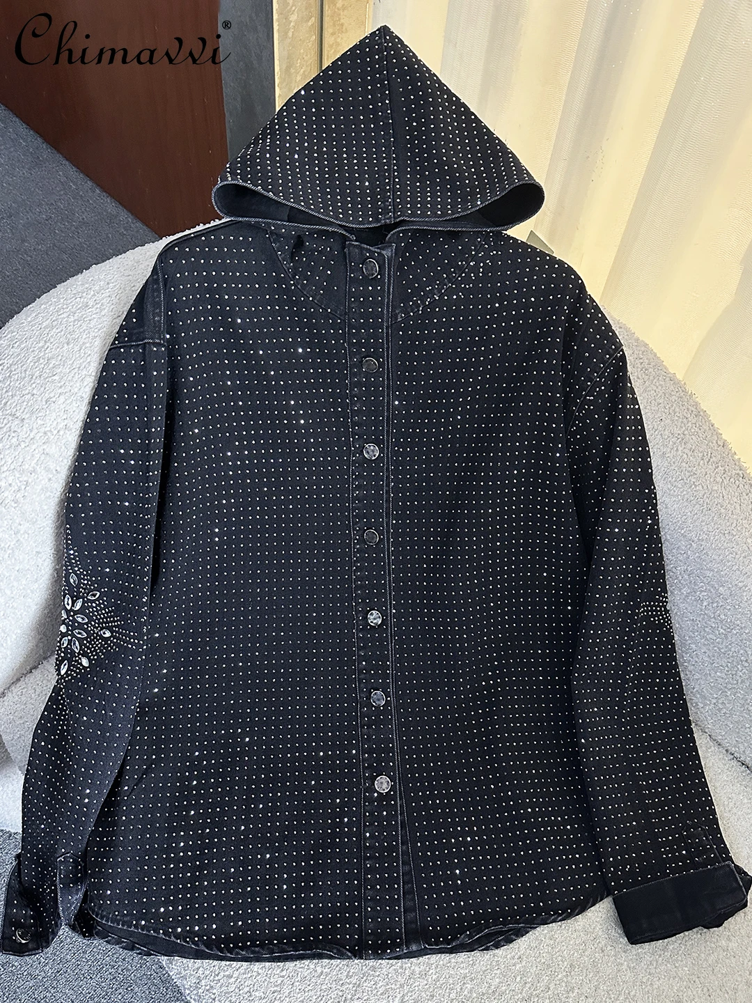 

2025 Autumn Heavy Industry New Rhinestone Hooded Long Sleeve Denim Shirt Coat for Women Loose Fashion Streetwear Jackets Top