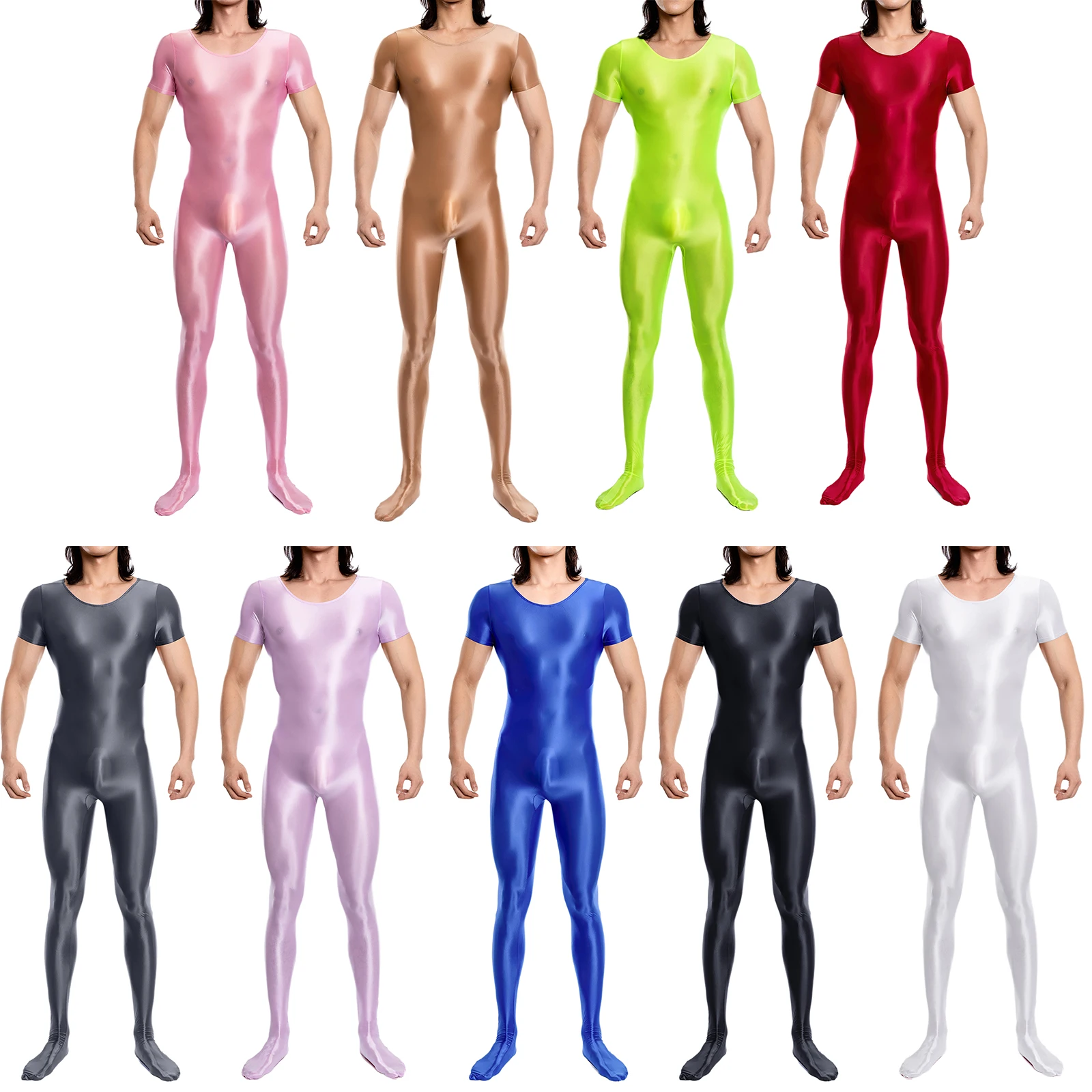 Mens Ballet Gymnastics Leotard Glossy Playsuit Bodystocking Male Short Sleeve Jumpsuit for Yoga Fitness Gym Bodysuit Clubwear