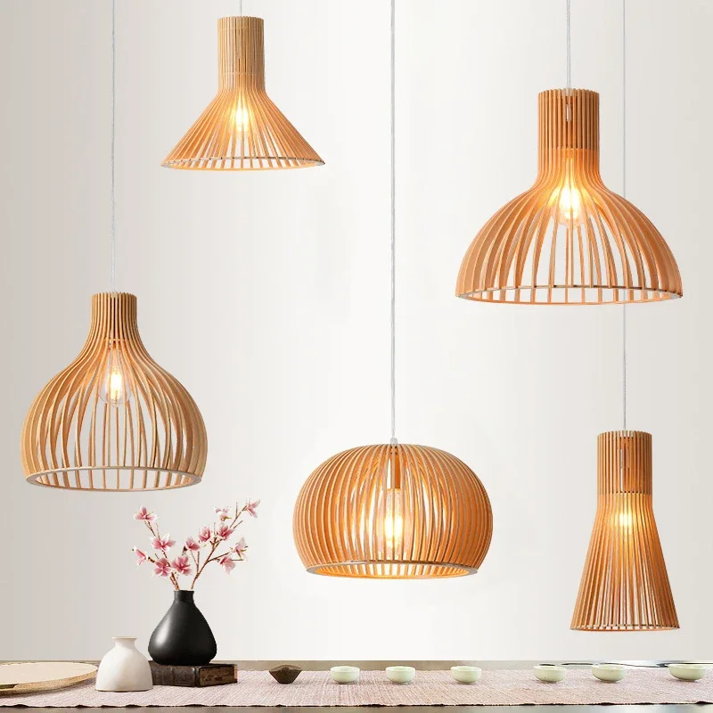 

SANDYHA Nordic Retro Solid Wood Chandelier Art Birdcage Pendant Light for Bedroom Dining Room Study Home Decor LED Lighting Lamp