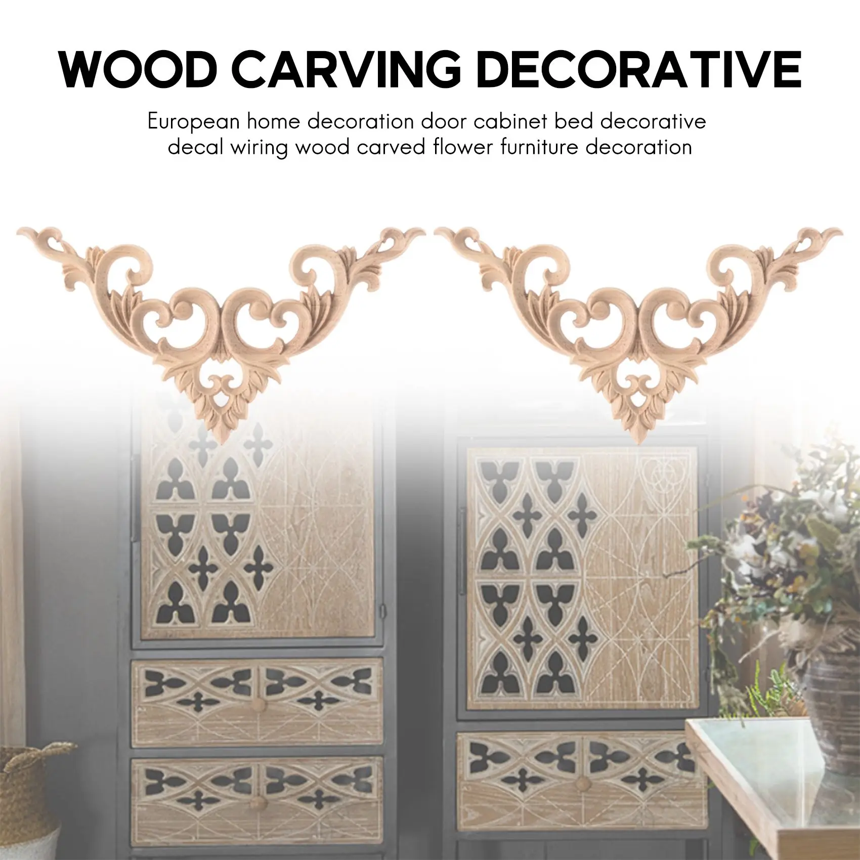 feelfeel 4Pcs/Set Wood Carved Corner Onlay Applique Unpainted Frame Cupboard Cabinet Decal for Home Furniture Decoration 15cm