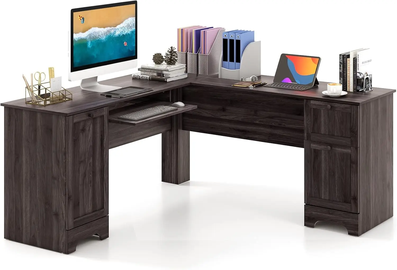 Tangkula L-Shaped Office Desk with Storage Drawers & Keyboard Tray, Home Office Corner Computer Desk with Cabinet & Inner Adjust