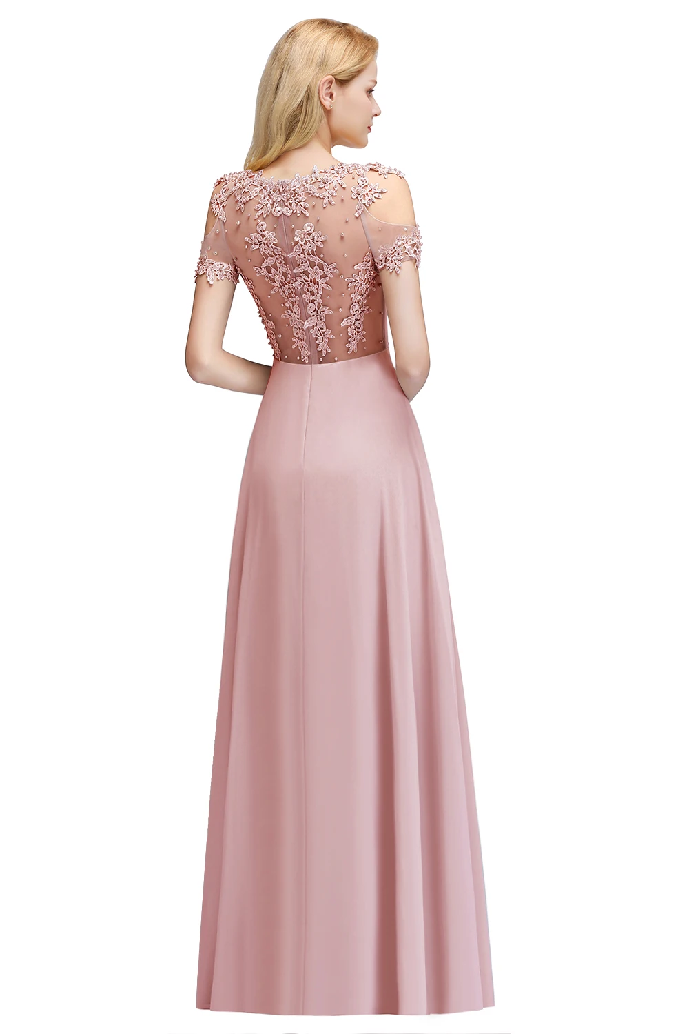 BABYONLINE Rosa Brautjungfer Kleid Perle Perlen Illusion Kurzarm Boho Hochzeit Party Gast Kleider Chiffon-EINE Linie Kleider Frauen