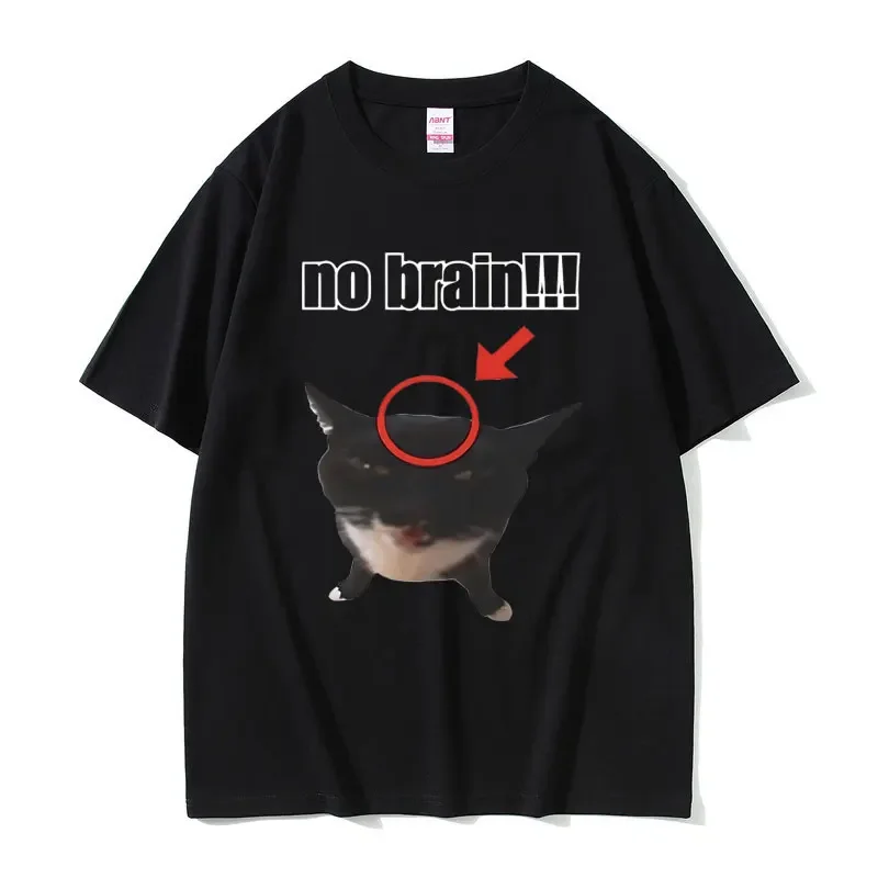 Funny Cat No Brain Graphic Print T Shirts Men Women Joke Humor Cute Kawaii Meme T-shirts Male Casual Oversized Tees Short Sleeve