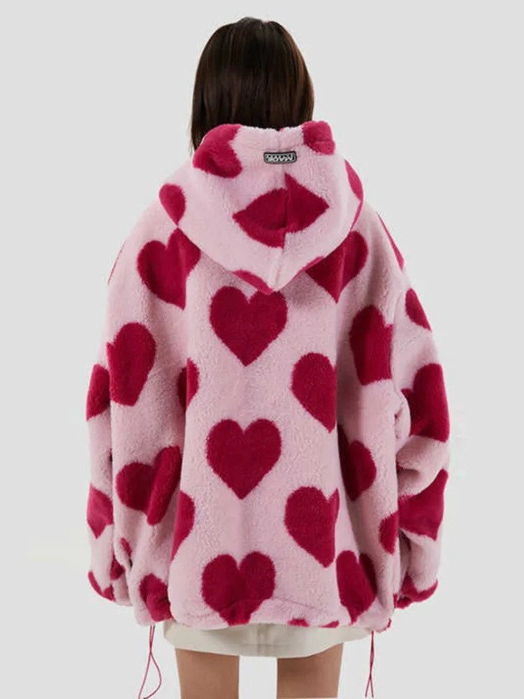 SHENGPALAE Harajuku Heart Full Print Plush Jacket Women 2024 Korean Loose Long Sleeve Hooded Cotton Coat Thick Warm 5A956