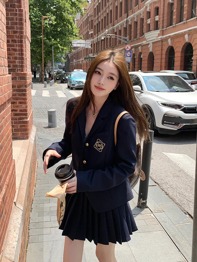 Minceur coréen collège Faion bleu costume Jaet et jupe plissée ensemble femmes automne nouveau Sle deux pièces costume