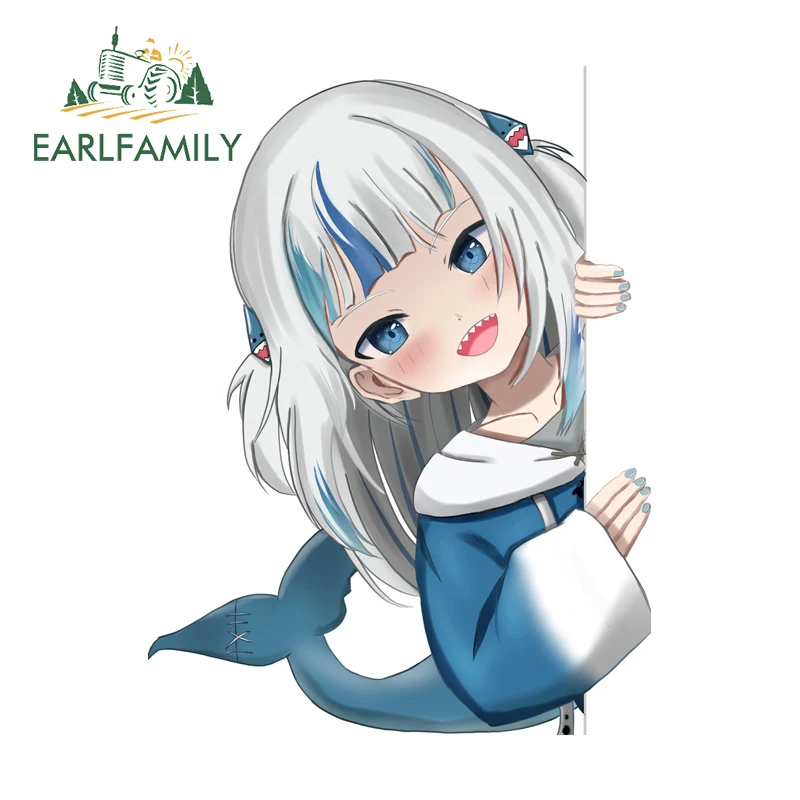 EARLFAMILY Funny Hololive Gawr Gura Peeking Car Accessories Cute Girl Shark Stickers Waterproof Decal Anime Campervan Car Label