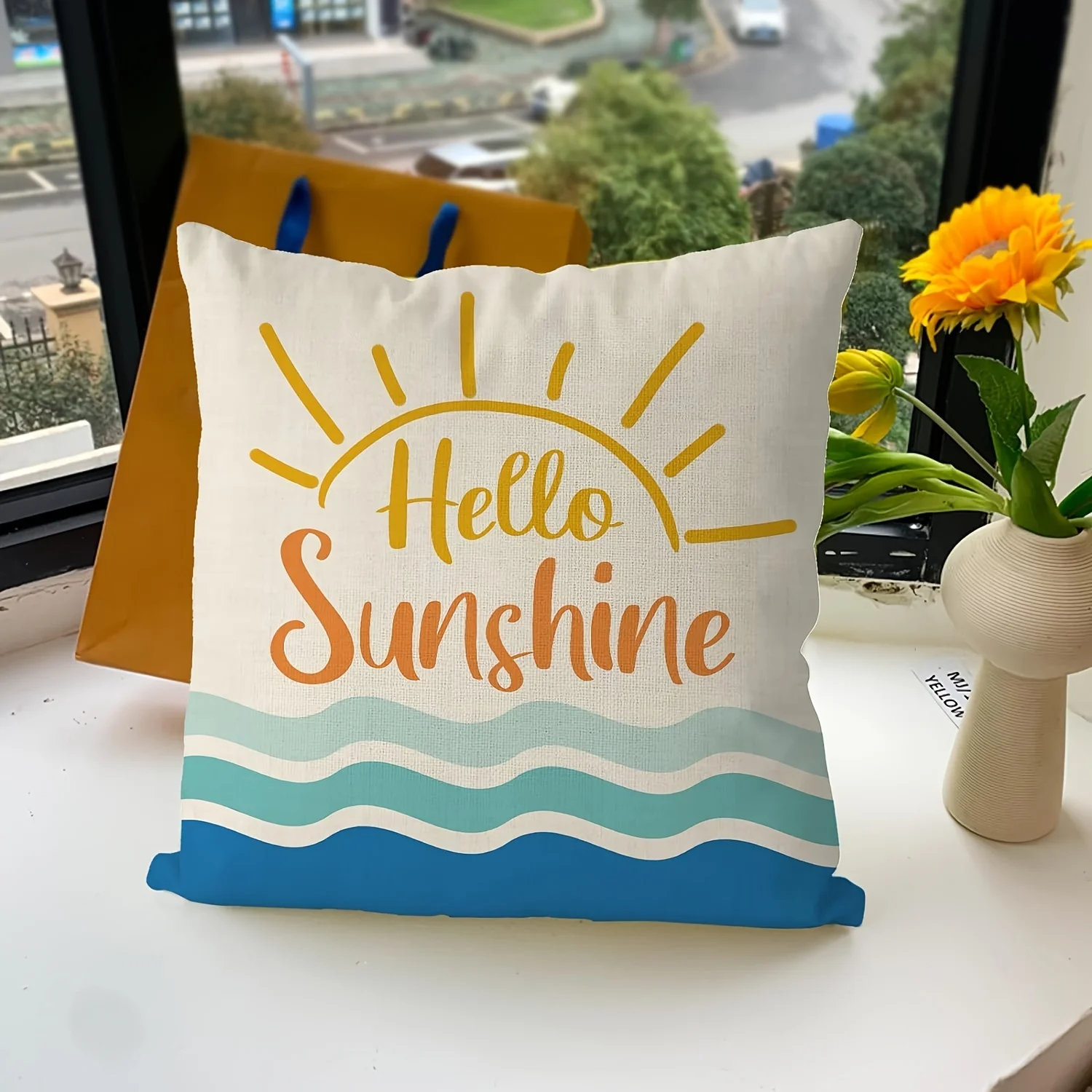 1pc 2D Flat Pillow Not Included Hello Sunshine Ocean Waves Cushion Cover Short Plush Summer Beach Decor Gift Case