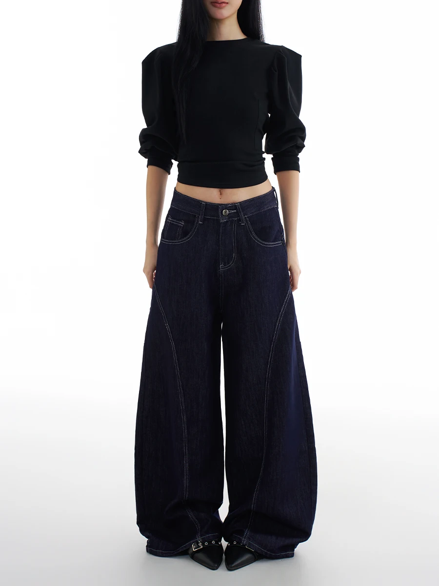 

Американские свободные женские джинсовые синие широкие брюки, Новое осеннее поступление, повседневная одежда, хлопковый материал l талии