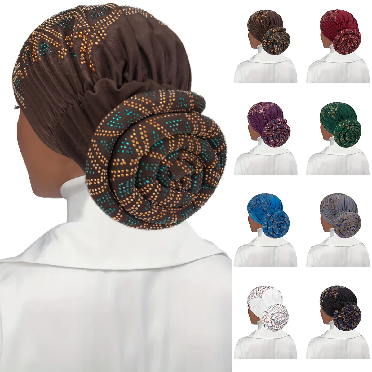 1PC New Pan Flower Hat Ethnic Hat Stretch Muslim Fashion Turban Rhinestone Donut Pullover Hijab Underscarf Caps Khimar