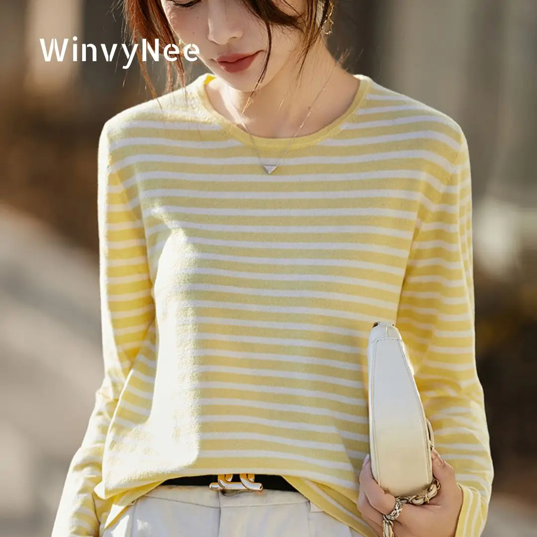 

Женская одежда WinvyNee, пуловер из тонкой камвольной шерсти с круглым вырезом и горизонтальными полосками, с длинными рукавами, облегающий крой, модный, весенний ZA1497002