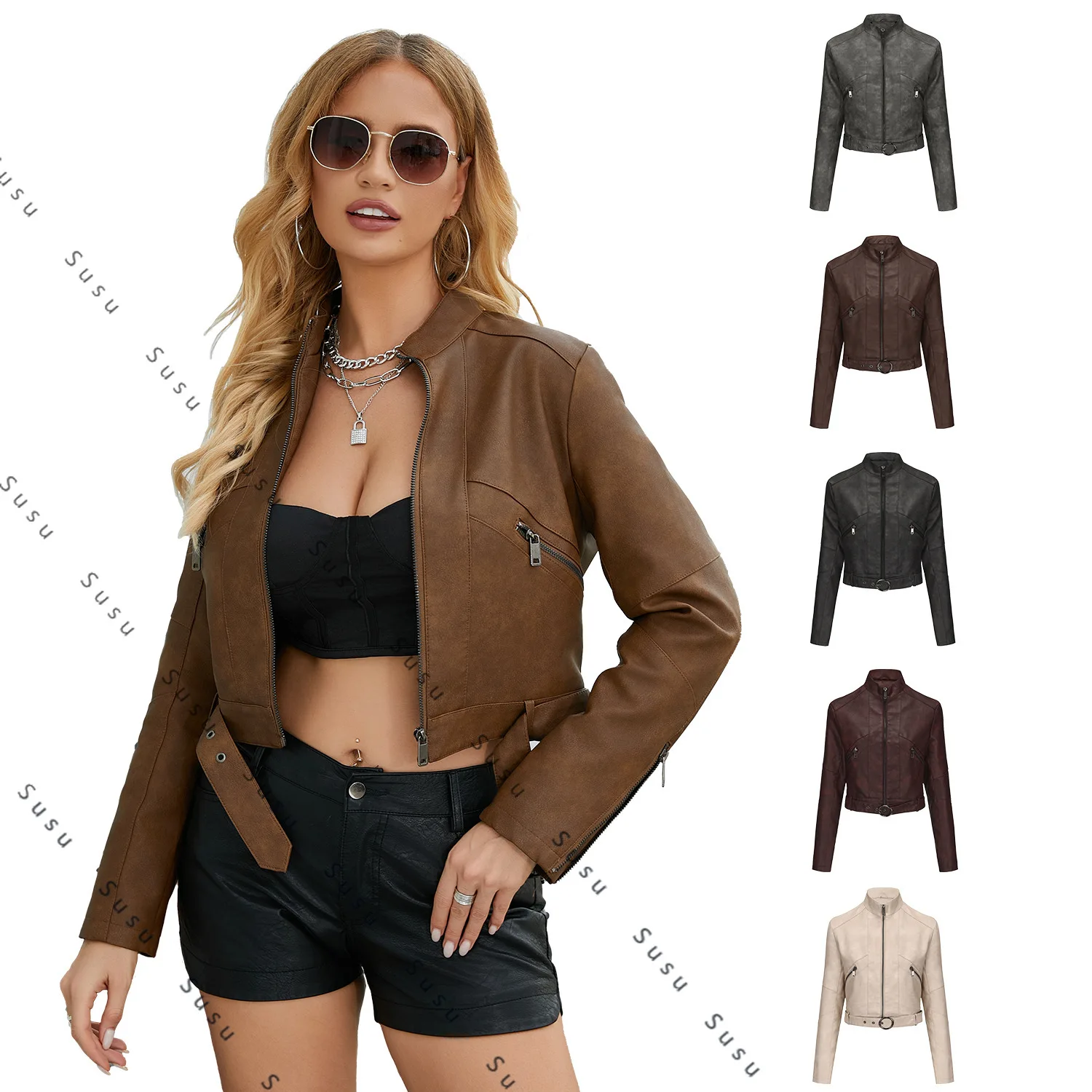 

2025 new European and American women's locomotive leather jacket women's belt long-sleeved zipper jacket spring and autumn leath
