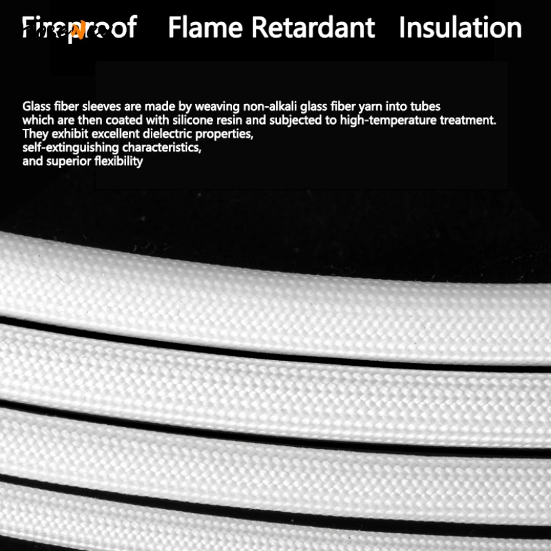 High Temperature 200°C Silicone Fiberglass Sleeving Flame Retardant Insulating Tube for Cable Protection, ID 1mm-25mm 1M Length