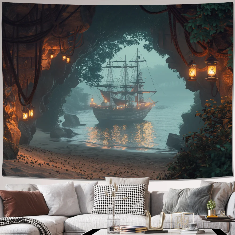 Geheimnisvolles Hängetuch mit Piratenhöhlenhintergrund, perfekt für Wohnzimmer-, Schlafzimmer-, Büro- und Partydekorationsteppiche