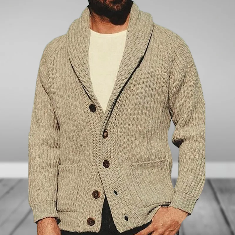 Men\'s Cardigan Sweater Autumn and Winter Solid Color Lapel Long Sleeved Outerwear Knitted Sweater Retro Sweater Clothing