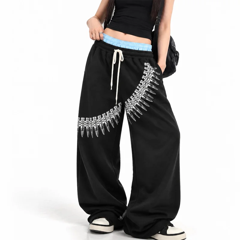 Autumn Unisex Y2K Grunge Aesthetics Streetwear Daily Double Layer Waist Graphic Print Drawstring Baggy Sweatpants