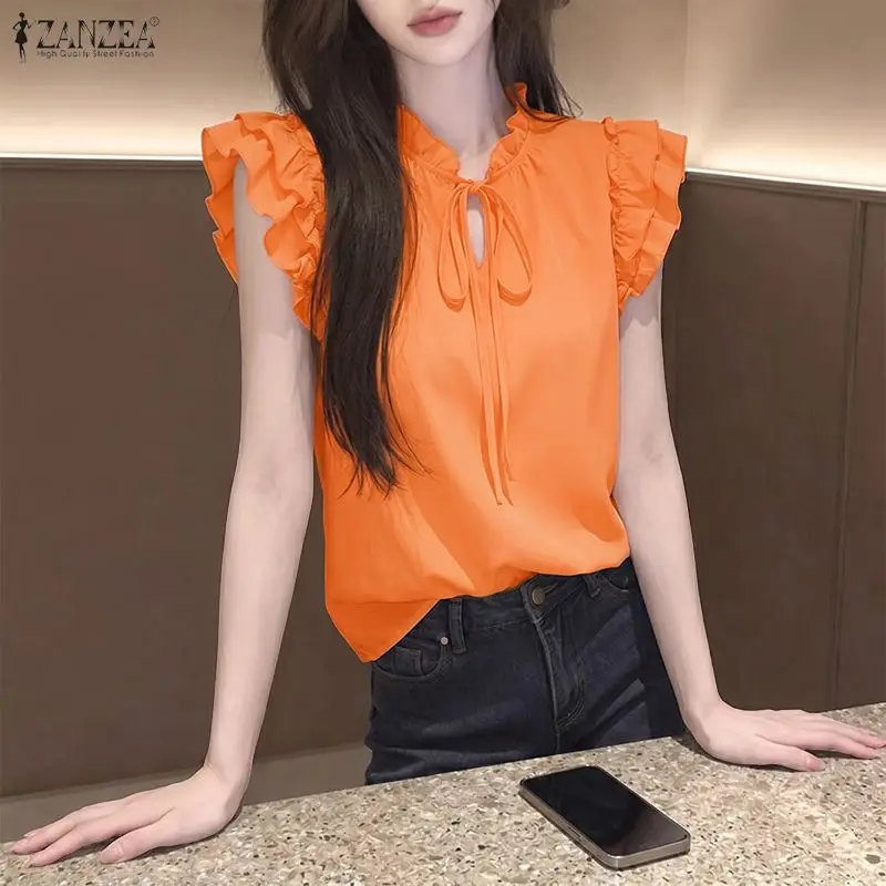 

Stylish Women Sleeveless Ruffled Blouse ZANZEA Summer Shirt Casual Lace-Up Holiday Tops Mujer Female Elegant Work Blouses Tunic
