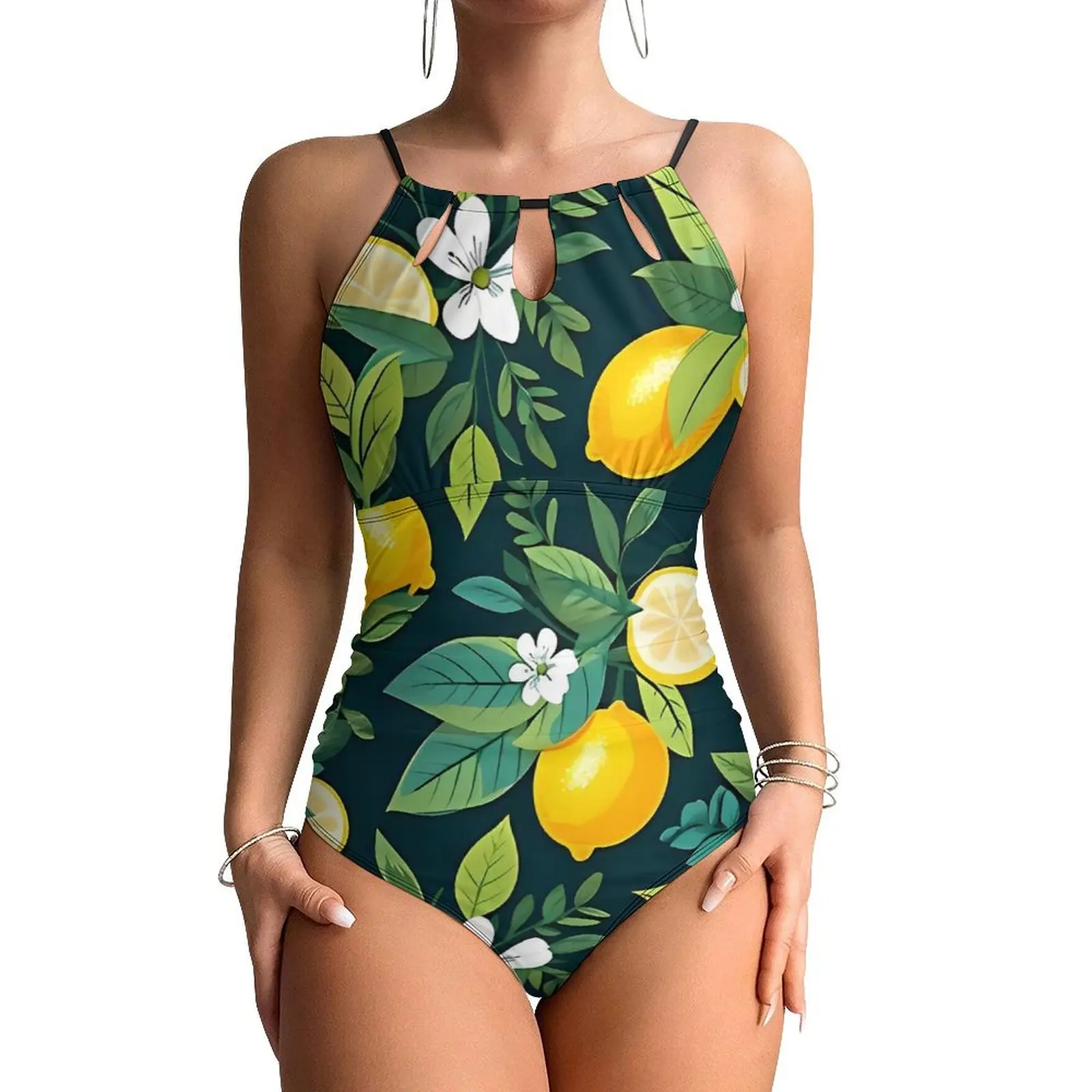 Fruit Print Lemons Swimsuit Tropical Leaves One Piece Swimwear Push Up Kawaii Monokini Sexy Holiday Swim Design Beach Wear