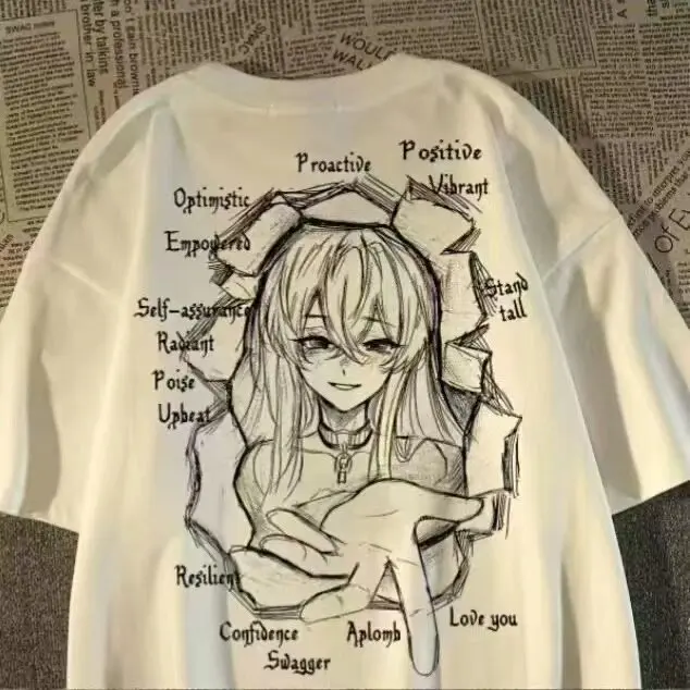 Camiseta de Algodón 100% Grueso, Unisex, Verano, Estampado de Anime Estilo Japonés, Corte Holgado, Top Informal para Parejas