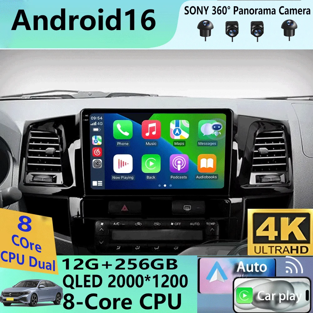 

Android 16 Carplay Auto Car Radio for Toyota Fortuner HILUX Revo Vigo 2007-2015 Video Player Autoradio Navigation GPS 360 Camera