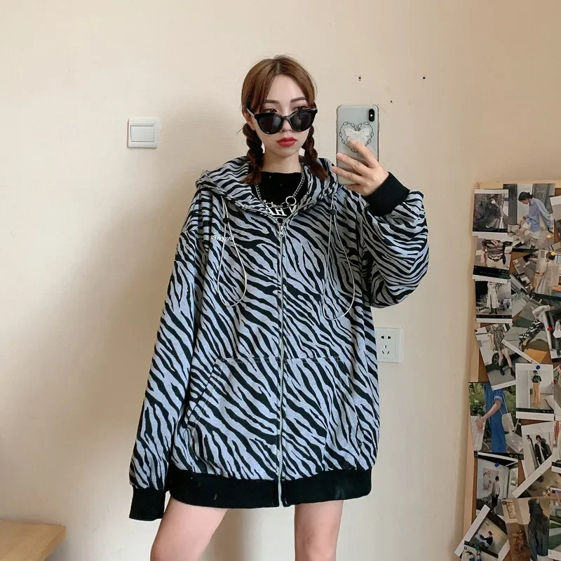 Hoodies Women All-match Vintage Leisure Zebra-printed Fashion Loose BF Long Sleeve Hooded Female Korean Style Zip-up Simple Cozy