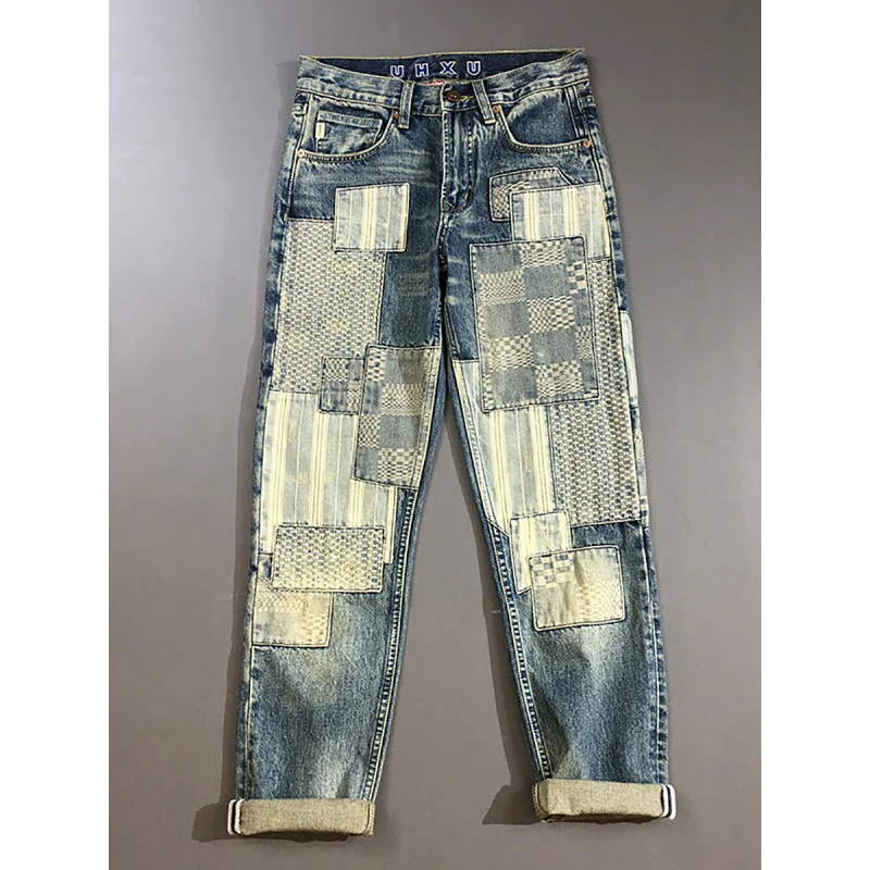 Męskie jeansy high-end, łączone, ciężkie, retro, o prostym kroju, modne, z charakterem, długie spodnie w stylu retro.