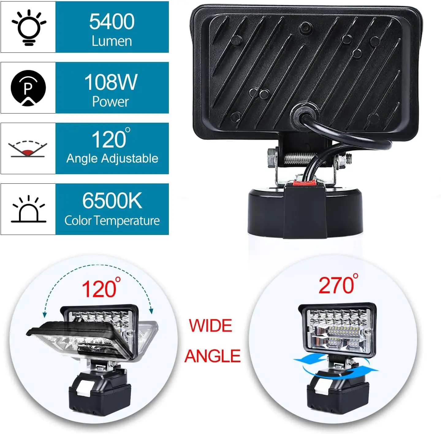 Imagem -02 - Luz de Trabalho Led sem Fio Luzes de Inundação Ajustáveis para Makita 14.4v18v Bateria Luz de Trabalho Portátil Iluminação de Acampamento ao ar Livre