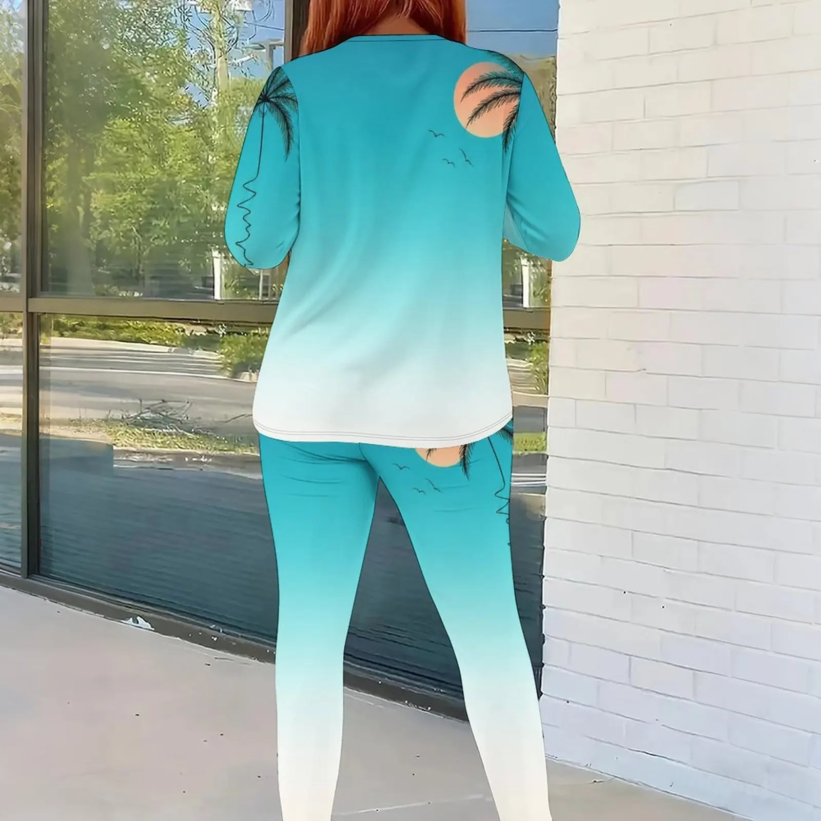 Women Palm Tree Sunset Seagull Print Gradient Long Sleeve Top & Fitted Pants Two Piece Set