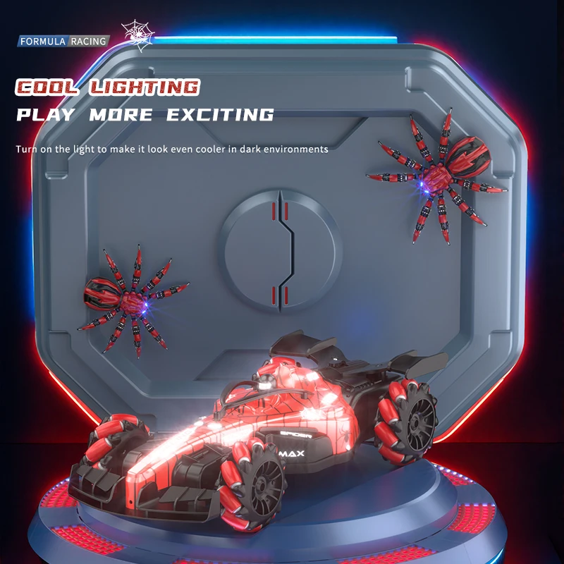 F1スパイダーリモコンレーシングカー、スプレーライト特殊効果ドリフト機能搭載、360度回転対応デュアルリモコン付き °   回転