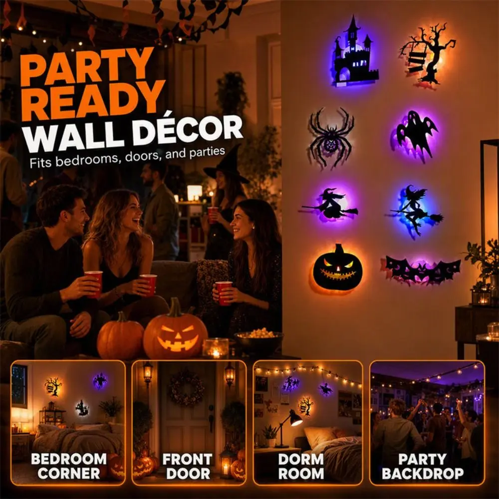 PVC Halloween Wall Stickers 3D Effect Halloween Theme Night Light Stickers Hollow Cutout Festive Style Decorative Wall Stickers