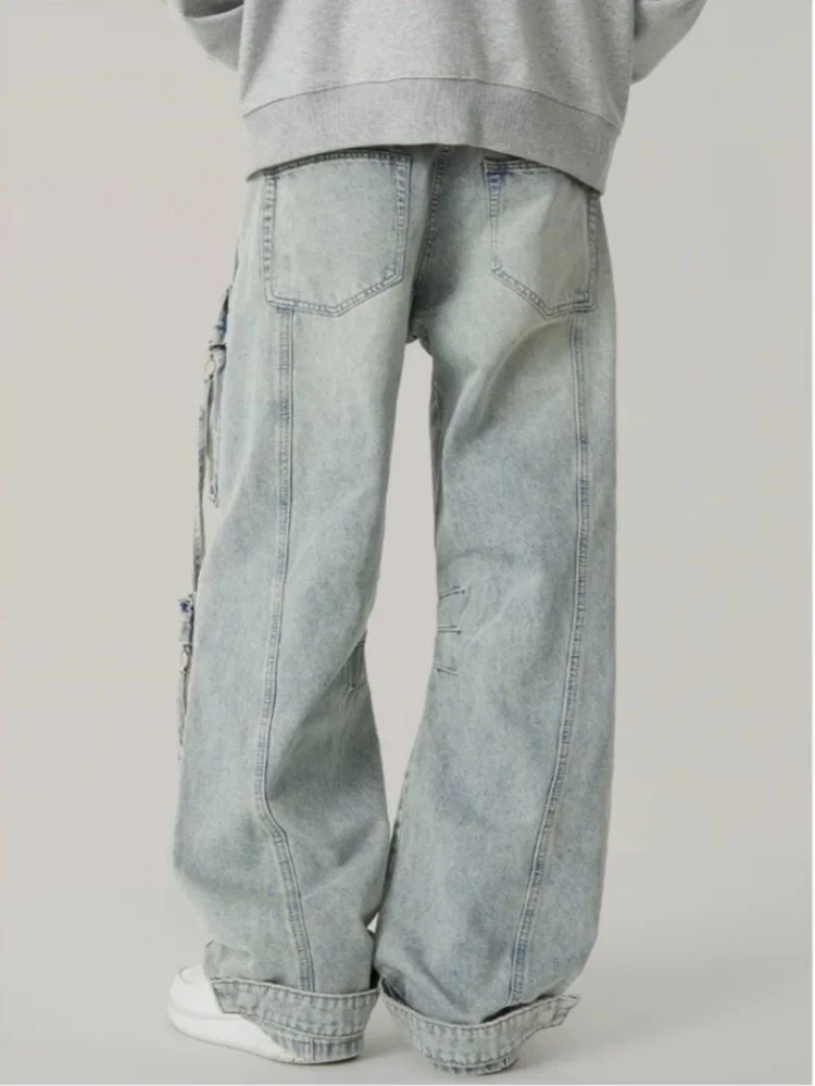 2026 American Retro Y2K Style Washed Blue Baggy Cargo Jeans Pants Men Clothing Multi Pockets Distressed Straight Denim Trousers
