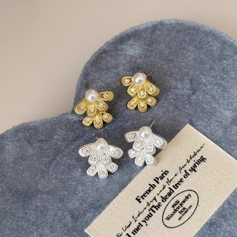 أقراط زهرة اللؤلؤ بطبقة مزدوجة من الدانتيل بنصف مروحة على الطراز الصيني الجديد مع نسيج أنثوي، مجوهرات هدايا العيد