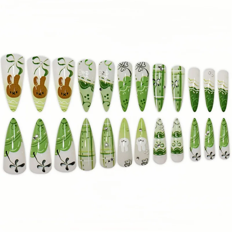 24PCS Sweet Green Flower Almond Press on False Nails Cute Cartoon Rabbit Bow Plaid Stiletto Fake Nails for Women Simple Ins Nail