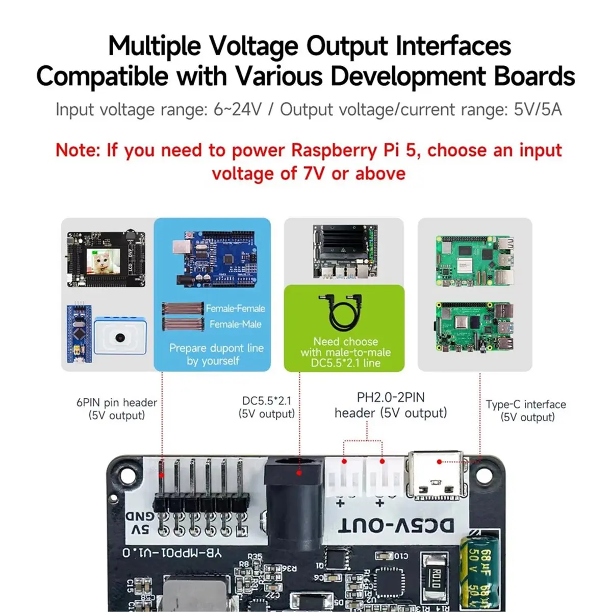 For 5 Power Supply Expansion Board Support 6-24V Input and 5V/5A Output for Robot Car Kit for RPi 5