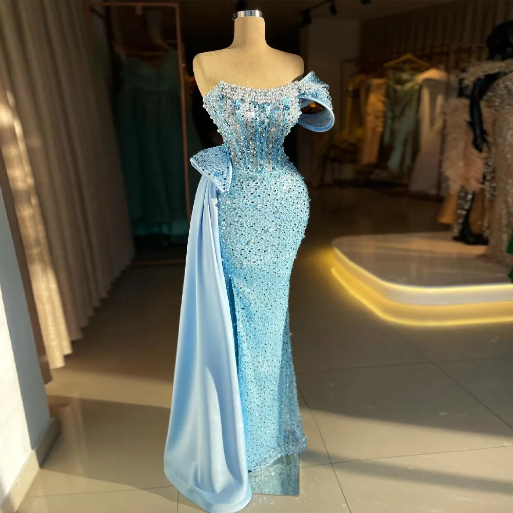 Sparkly Beaded Mermaid Prom Evening Dresses with Slit Sequin Strapless Formal Party Gown Cocktail Dress