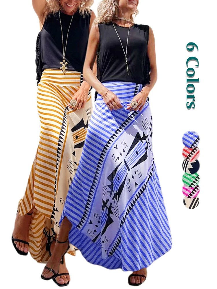 Summer Maxi Bohemian Skirt Women High Waist y2k Vintage A-Line Ankle-Length Casual Party Streetwear Bodycon Holiday Slim Skirts