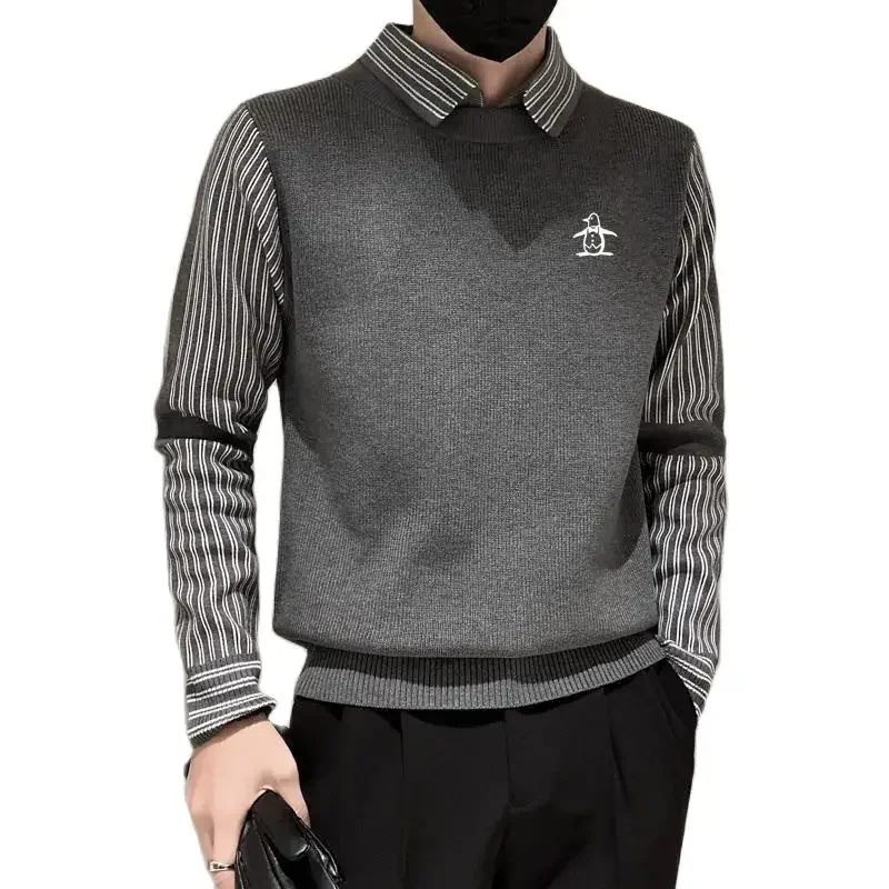 squirt Autumn Golf Wear Men 2024 New Fake Two Items Golf Knit Fashion Stripe Knit Blouse Luxury Golf Clothing Men Golf Sweater