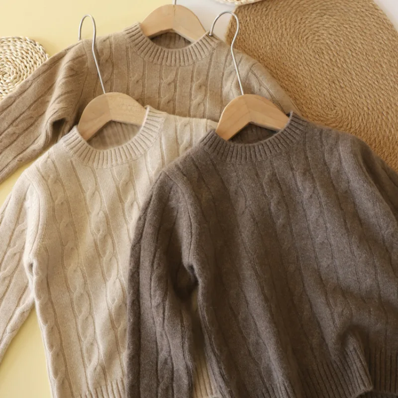 

Children's Wool Sweater Classic Cable Knit Round Neck Pullovers Boys Girls Autumn Winter Top School Kids Clothes Warm Knitwear