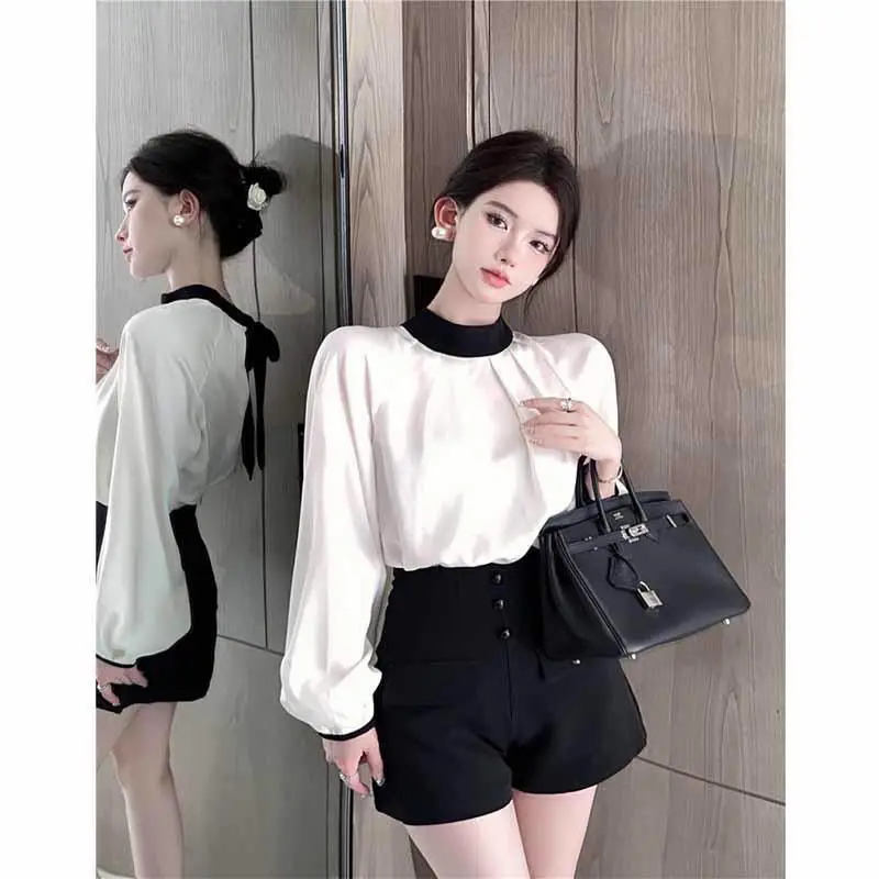 Temperament Contrast Lacing Shirt Tops Spring Autumn New Long Sleeve O-neck Solid Korean Blouse Fashion Elegant Women Clothing