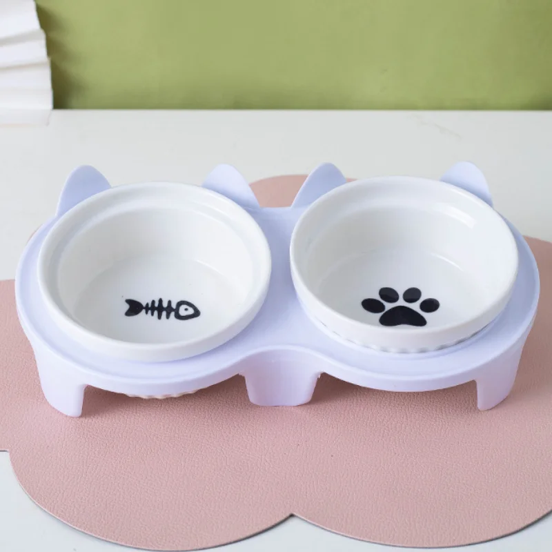 

Cat Ceramic Double Bowls 300ml Large Capacity Non-slip Food Dishes With Plastic Rack For Indoor Cats