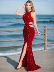 Romagic O Neck Off Shoulder Evening Prom Gown Red Sexy Sequin Hollow Out Long Dress Split 2024 New