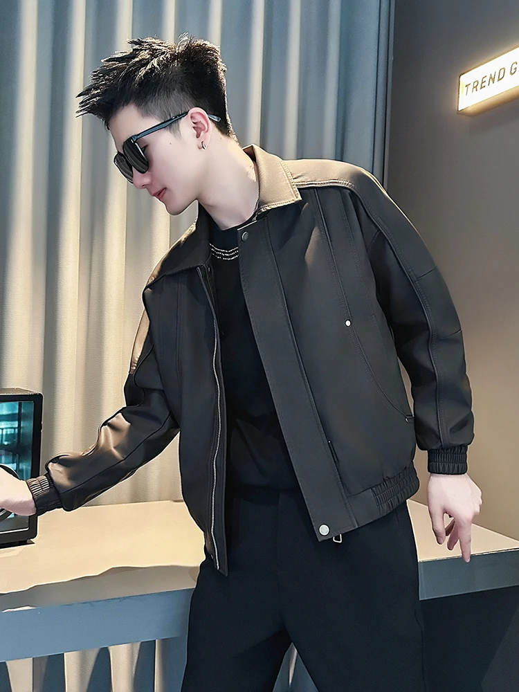 

Повседневное мужское кожаное пальто Jaet, модное лоскутное пальто с воротником-стойкой и застежкой-молнией, украшенное искусственной кожей на осень и зиму