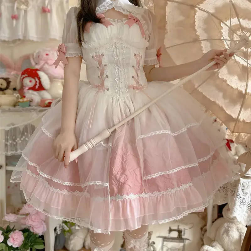 Japanese Vintage Sweet Lolita Dress Women Elegant Cute Bow Bandage Princess Party Mini Dresses Girls Kawaii Flower Wedding Dress