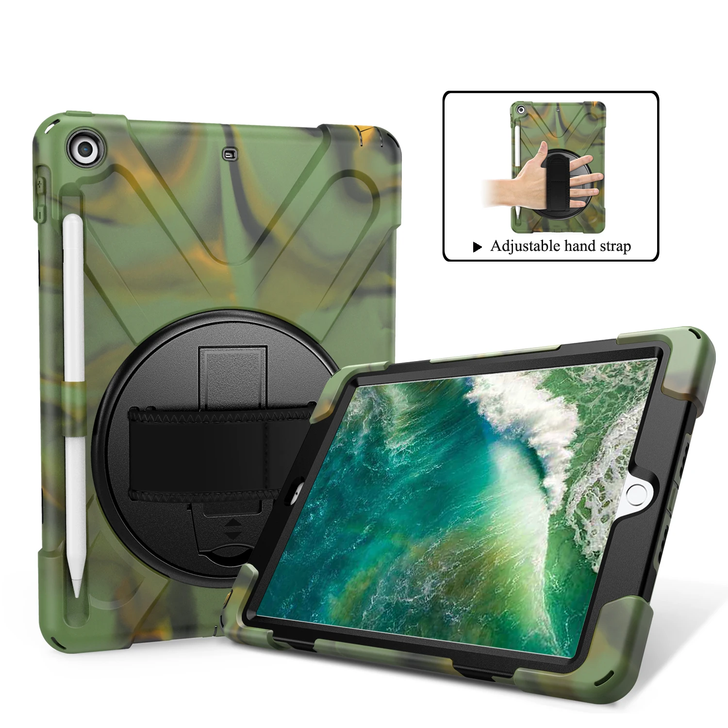 

X-Shape PC + TPU Combo Case for iPad 9.7-inch (2018) / (2017) with Hand Strap [360 Degree Rotary Kickstand] - Camouflage