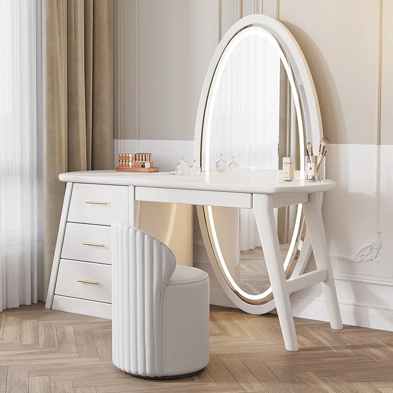 &Modern Design Bedroom Wooden LED Mirror Dressing Table Home Furniture Large Wood Luxury Makeup Vanity Desk With Mirror