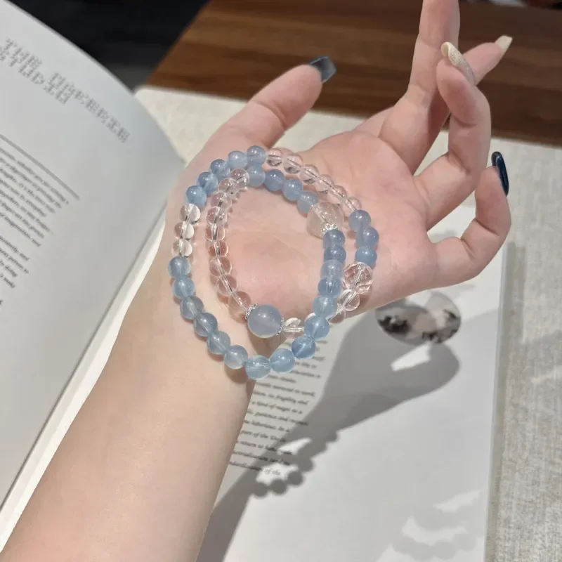 Fashion Aquamarine natural white crystal design sense exquisite double circle stacked bracelet women give friends gifts