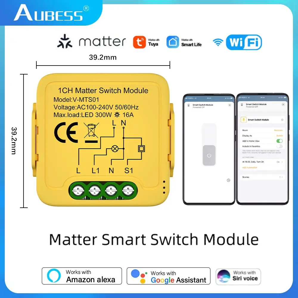 Aubess Matter Tuya Smart Switch Breaker 16A Smart Home modulo relè supporto WiFi Smartlife funziona con Alexa Google Homekit